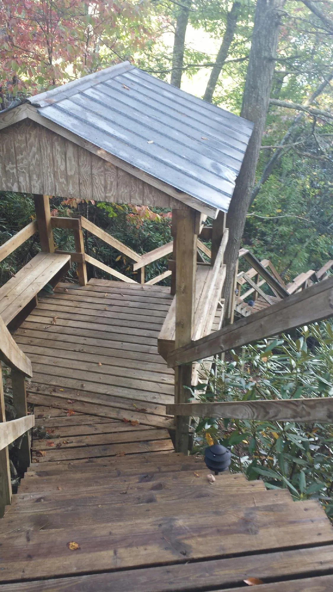 Metal roofed shelter over wooden steps on a wooded walkway — Skylight Repair & Installation work by our crew in Fuquay Varina